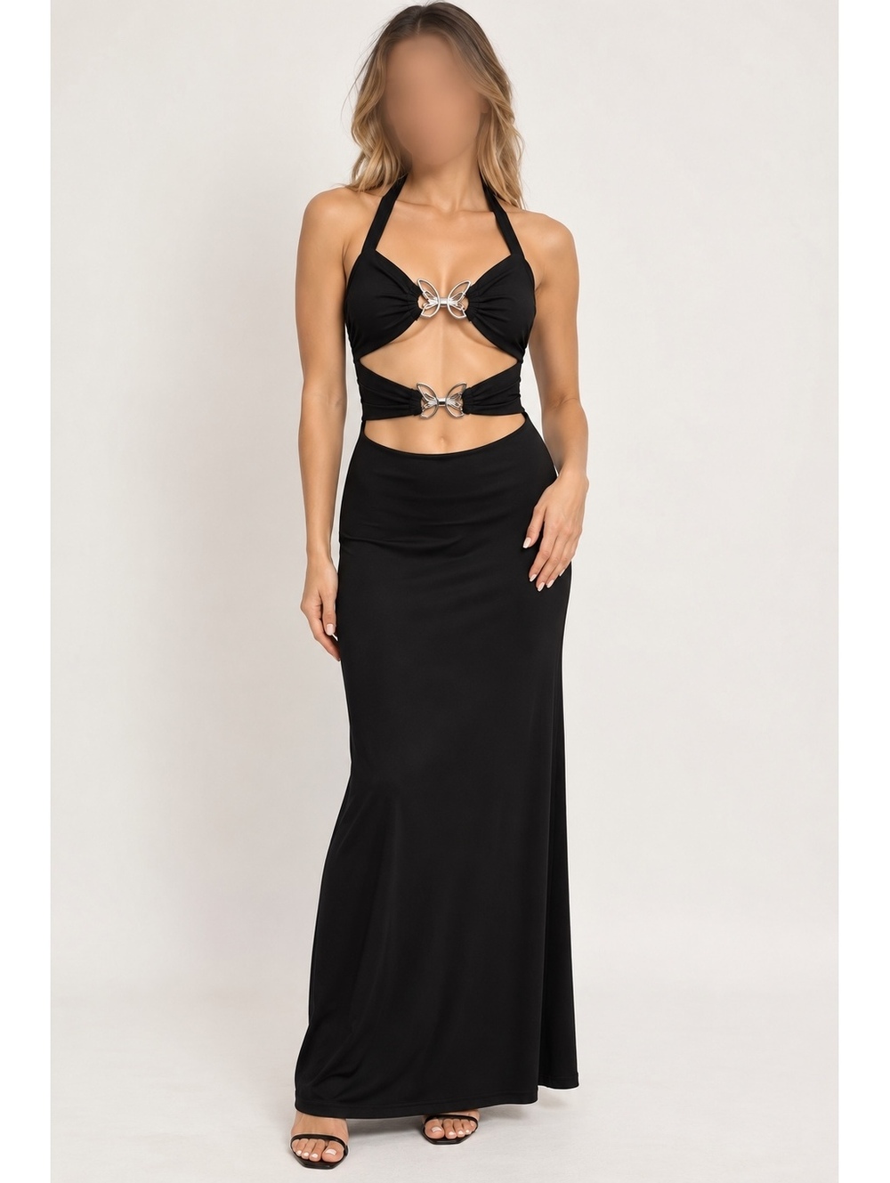 Tiger Mist Black Halter Cutout Maxi Dress with Butterfly Buckles Size M